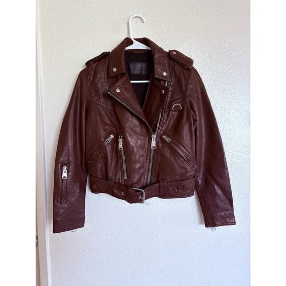ALLSAINTS Women’s Burgandy Lined Leather Jacket Gidley Biker Moto US Size 2 WARM - Picture 3 of 8